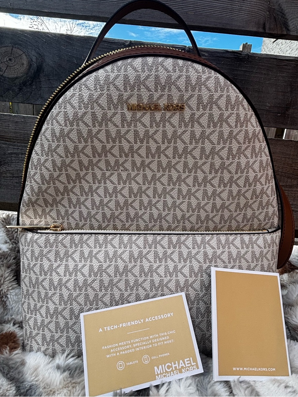 NWT Michael Kors Sheila Backpack Vanilla MK Signature Brown Trim Gold + Dust Bag